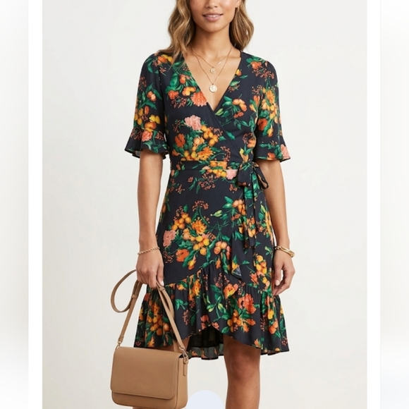 Zara Dresses & Skirts - Zara Black Floral Wrap  Dress with Pink, Orange & Green Accents